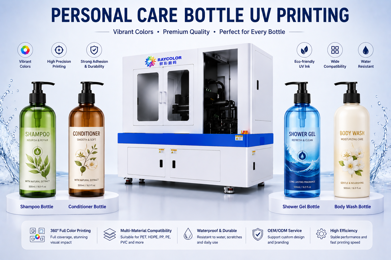 Personal care bottle UV printing solution for shampoo conditioner body wash and lotion bottles