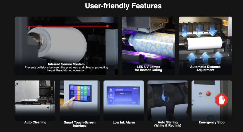 Infrared sensor, LED UV curing, touch screen and automatic controls on a cylinder UV printer