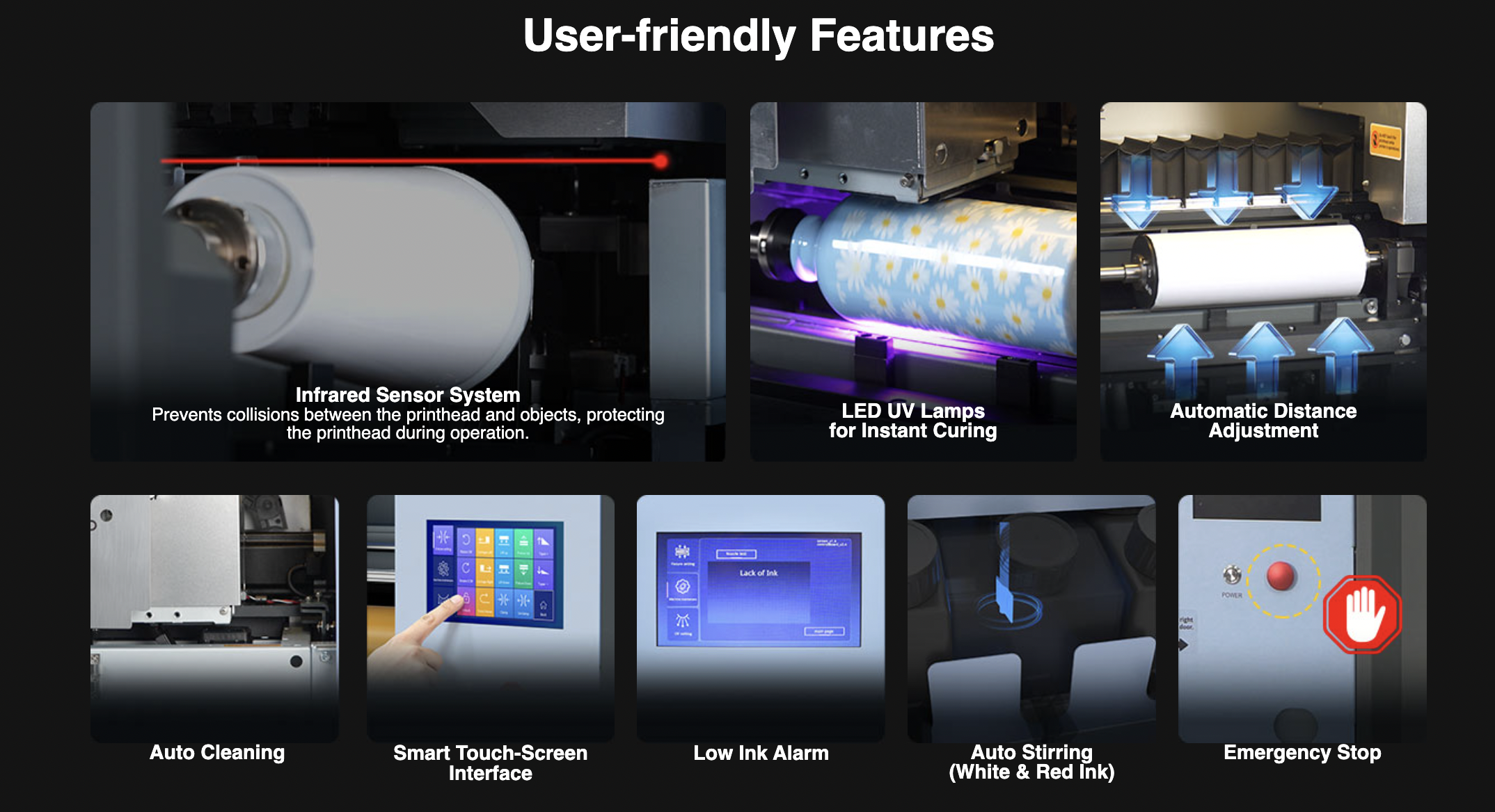Benchtop cylinder UV printer controls and safety features