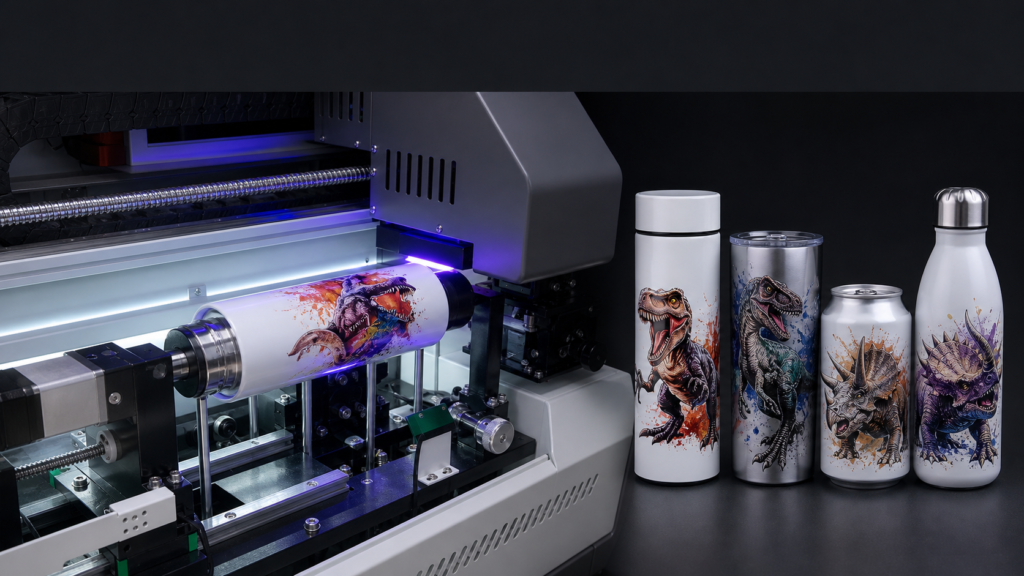 Benchtop cylindrical printer producing full-color designs on bottles and aluminum cans