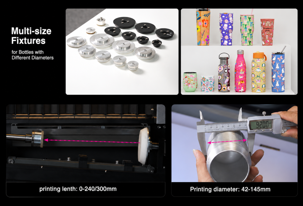 Multi-size bottle fixtures with 42 to 145 mm diameter and up to 300 mm print length