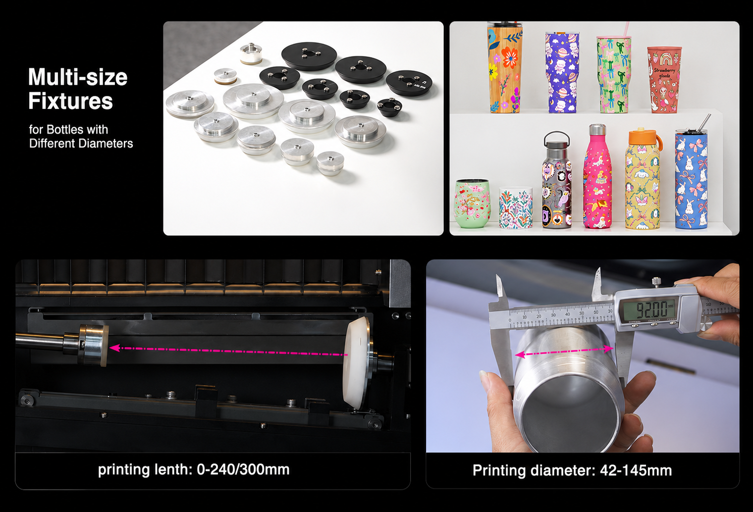Benchtop cylindrical printer fixtures and print sizes