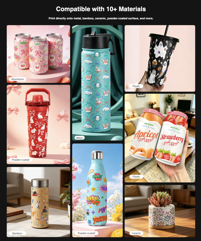 Cylinder UV printer applications on aluminum, metal, plastic, bamboo and ceramic products