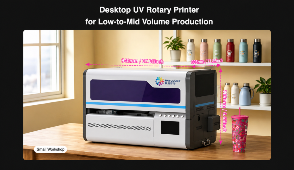 Compact desktop UV rotary printer dimensions for a small workshop