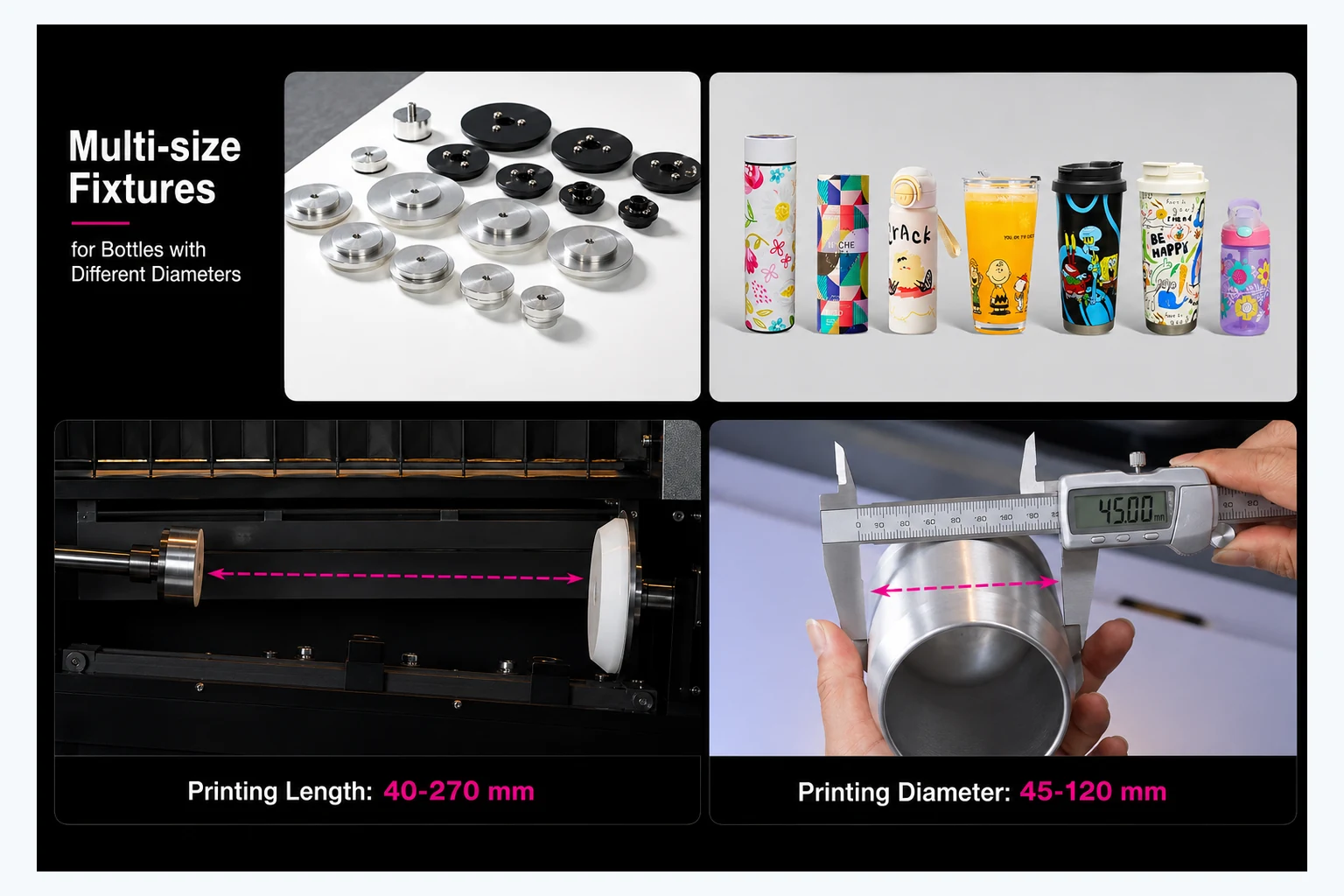 Industrial cylinder printer fixtures and printing range
