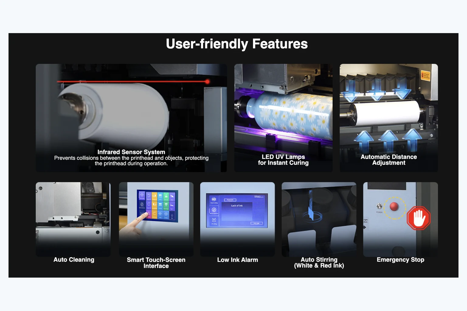 Industrial cylinder UV printer controls and safety features