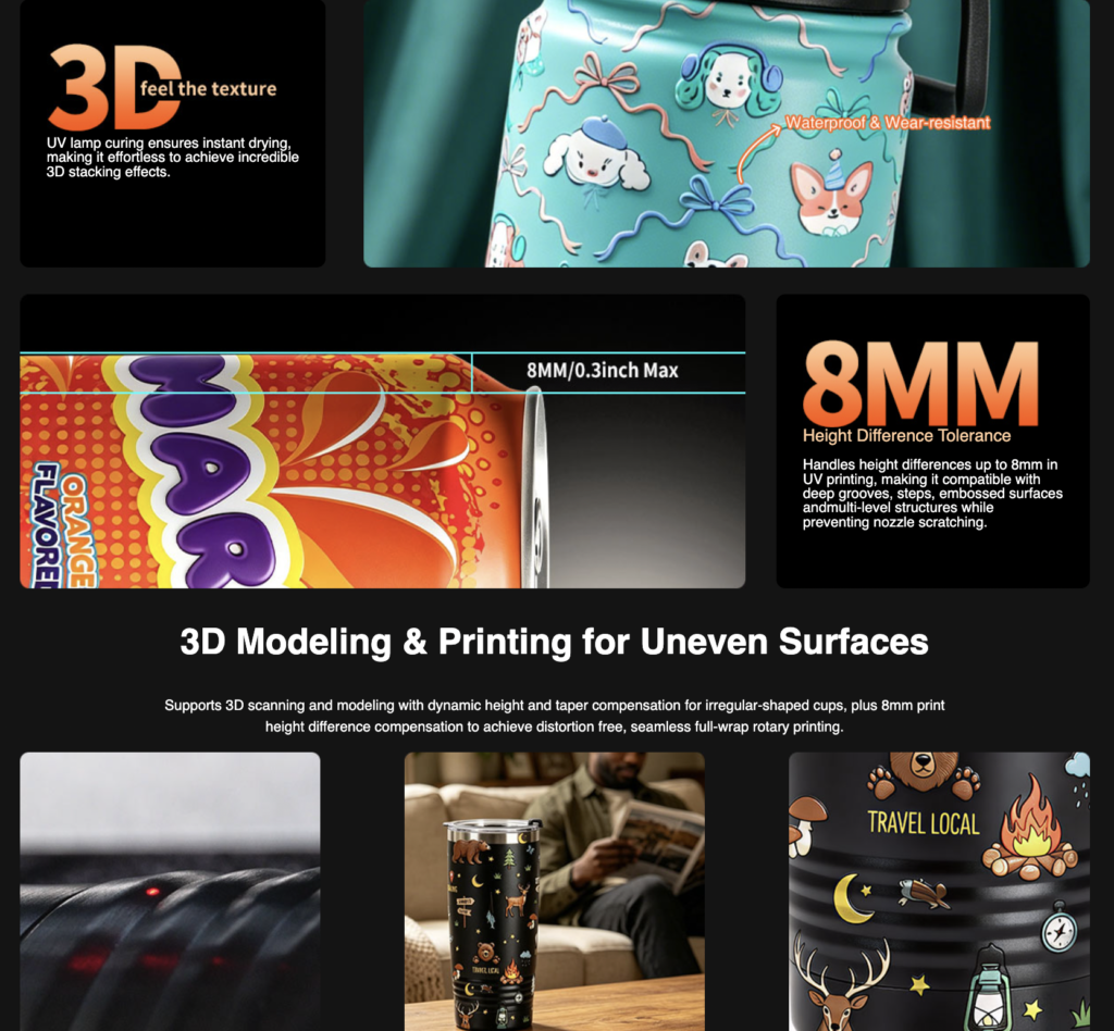 Rotary UV printer creating raised 3D texture on uneven and tapered cylindrical surfaces