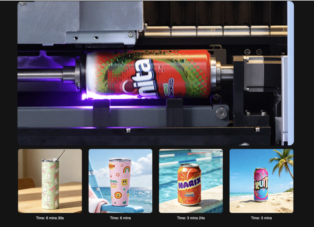 Rotary UV printer printing cans and tumblers with sample production times