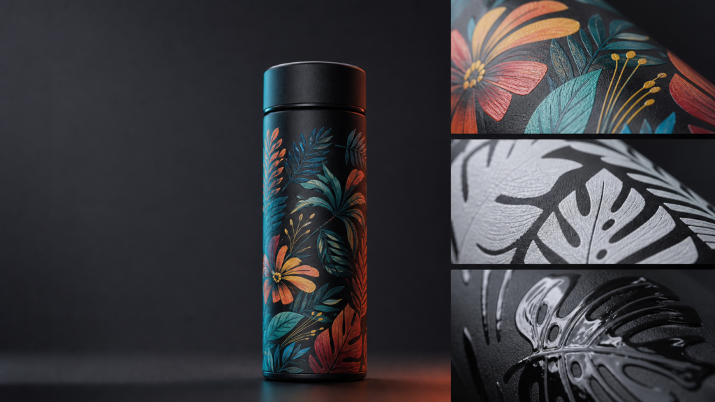 Black bottle with floral 3D relief, white ink and gloss varnish texture