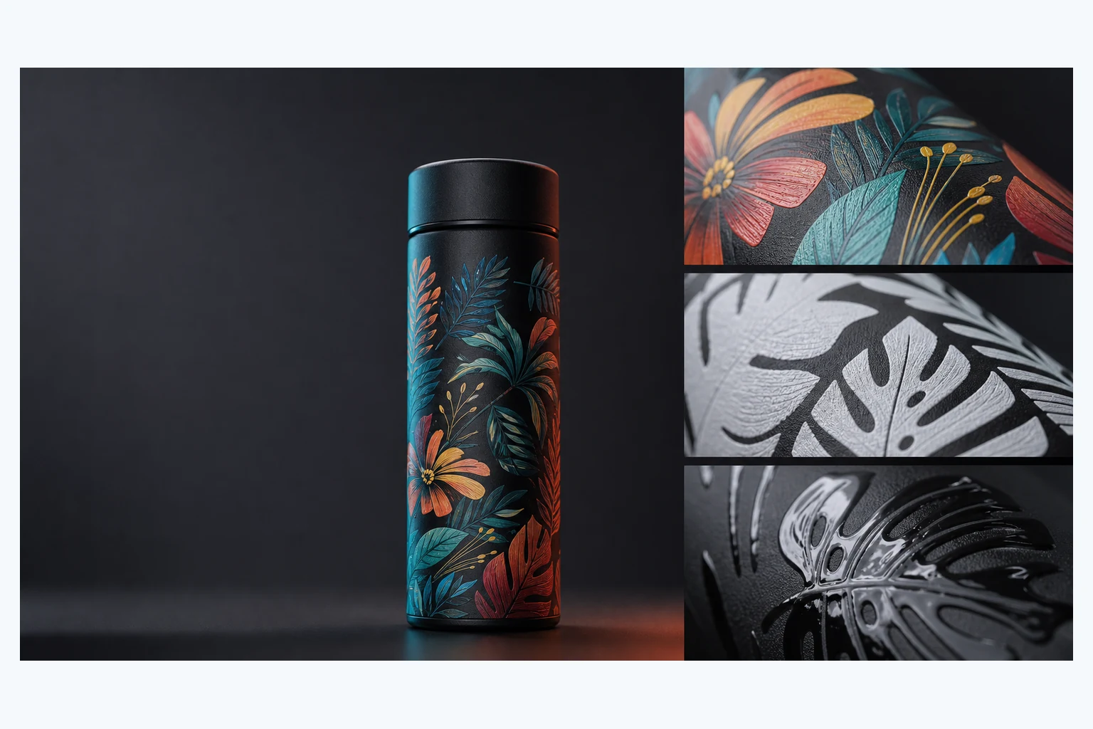 3D relief and varnish texture on a cylindrical bottle
